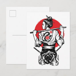 Cartão Postal Samurai Fêmea Dragão Rosa – Guerreira Japonesa