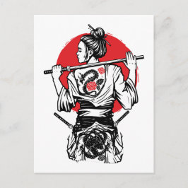 Cartão Postal Samurai Fêmea Dragão Rosa – Guerreira Japonesa