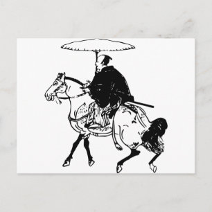 Cartão Postal Samurai que monta um cavalo com guarda-chuva,