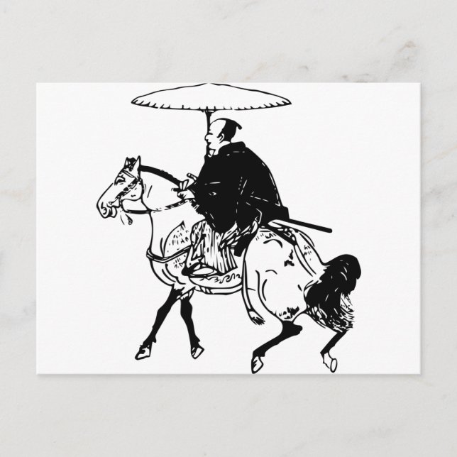 Cartão Postal Samurai que monta um cavalo com guarda-chuva, (Frente)