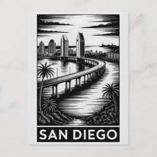 Cartão Postal San Diego Califórnia Xilogravura Preto e Branco