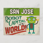 Cartão Postal San Jose California Robot - Funny Vintage<br><div class="desc">Um cartão postal engraçado da viagens vintage San Jose California apresentando um robô amigável com texto divertido no estilo retrô que diz,  "San Jose,  Robot Capital do Mundo!"</div>