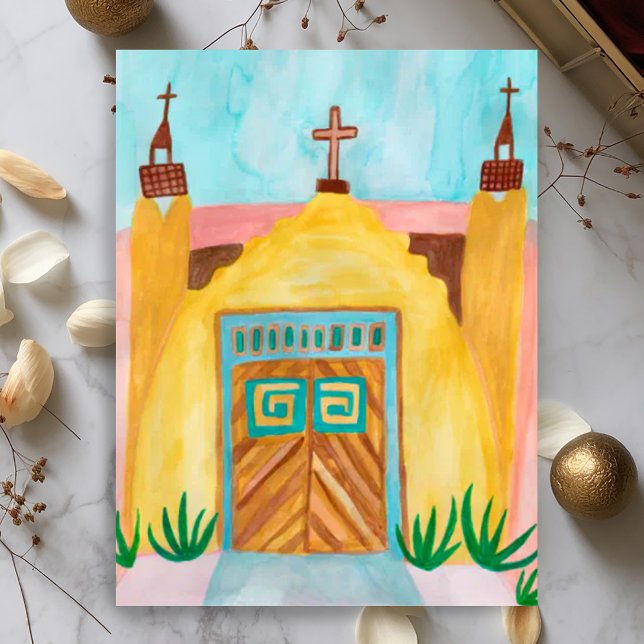 Cartão Postal San Jose de Gracia Church Watercolor Novo México (San Jose de Gracia Church Watercolor New Mexico Postcard
)
