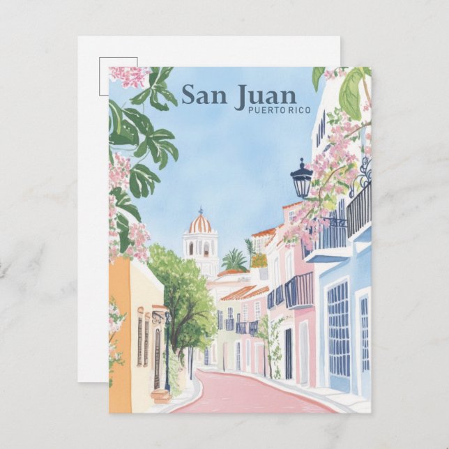 Cartão Postal San Juan Porto Rico Ilustração em Gouache Viagem (Frente/Verso)