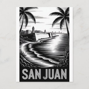 Cartão Postal San Juan Porto Rico Xilogravura Preto e Branco