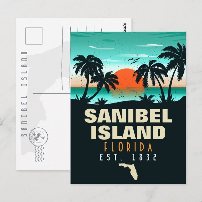 Cartão Postal Sanibel Island Retro Sunset Souvenirs (Frente/Verso)