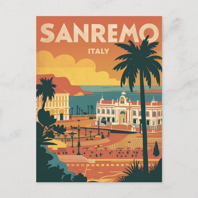 Cartão Postal Sanremo, Itália, ilustração com estilo retrô (Frente)