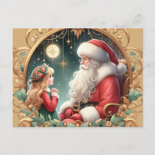 Cartão Postal Santa and a little girl, red & gold Postcard (Frente)