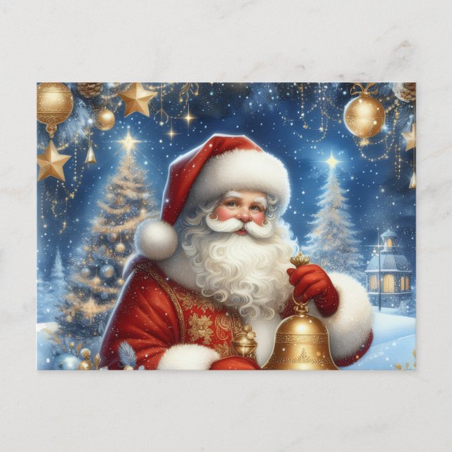 Cartão Postal Santa and Christmas tree, blue & gold (Frente)