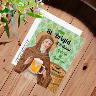 Cartão Postal Santa Brígida da Irlanda e Seu Barril de Cerveja