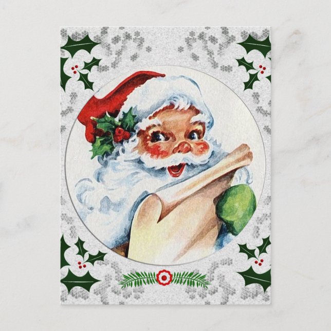 Cartão Postal Santa Claus Checking List Snowflake Holly Frame (Frente)