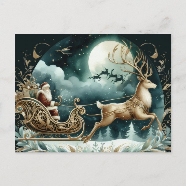 Cartão Postal Santa coming on a deer sleight Golden (Frente)