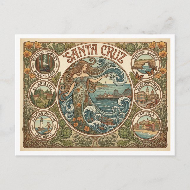 Cartão Postal Santa Cruz California Art‑Nouveau Coast (Frente)