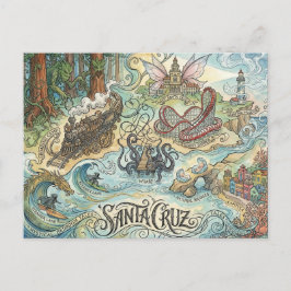 Cartão Postal Santa Cruz California Illustrated Map Mythical