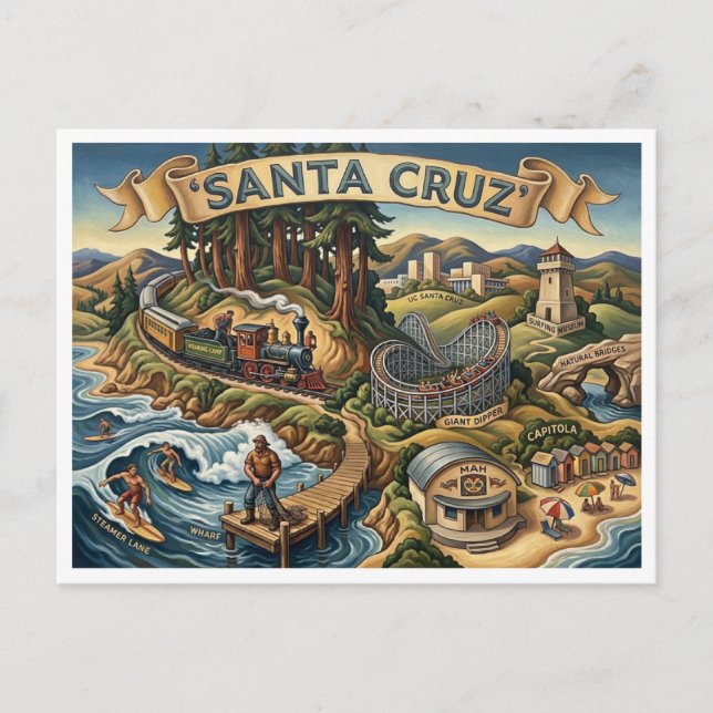 Cartão Postal Santa Cruz California Illustrated Map UCSC Wharf (Frente)