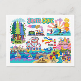 Cartão Postal Santa Cruz Illustrated Map Boardwalk Beach Surfing