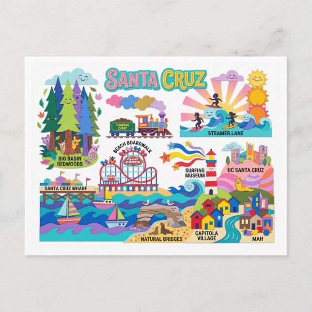 Cartão Postal Santa Cruz Illustrated Map Boardwalk Beach Surfing (Frente)