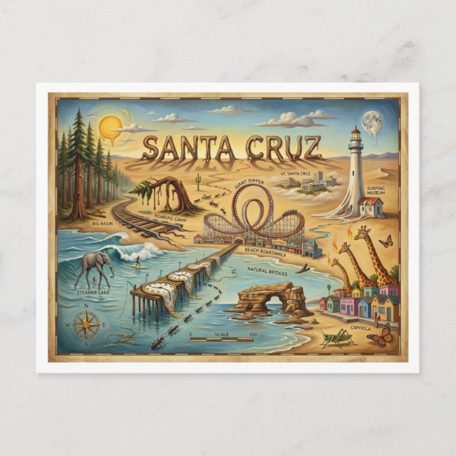 Cartão Postal Santa Cruz Pop Art Map – Bold Coastal Landmark (Frente)