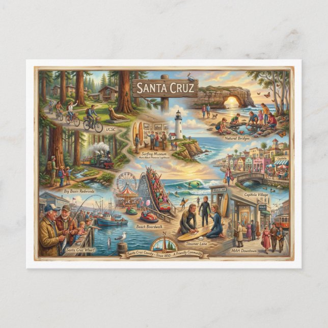 Cartão Postal Santa Cruz Vibe Map – Cultural Coastal Art Print (Frente)