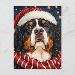 Cartão Postal Santa Hat Bernese Mountain Dog Blue Dourado Starry