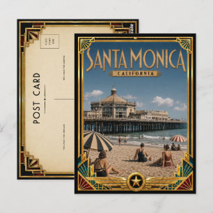 Cartão Postal Santa Mônica Califórnia Arte Deco Vintage Dourado