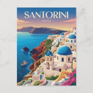 Cartão Postal Santorini Grécia Cúpula Azul Arte de Viagem Vintag