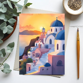 Cartão Postal Santorini, Grécia | Por do Sol na Costa em Aquarel