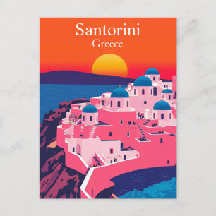 Cartão Postal Santorini, Grécia Pôr do Sol Oceânico Viagem Retro