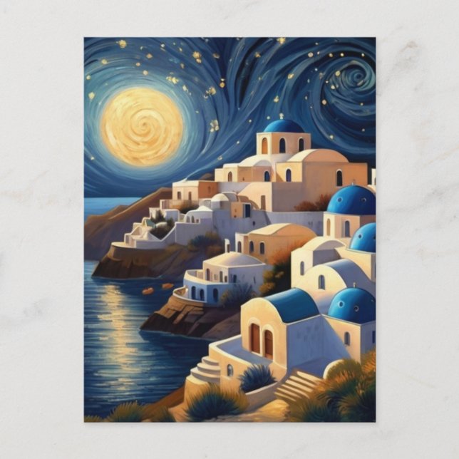 Cartão Postal Santorini, Grécia por Lua - Arte da Ilha Grega (Frente)