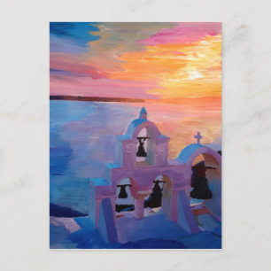 Cartão Postal Santorini Grécia Vista de Oia durante o Pôr do Sol