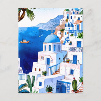 Cartão Postal Santorini, por mar, Grécia azul aquarela grega