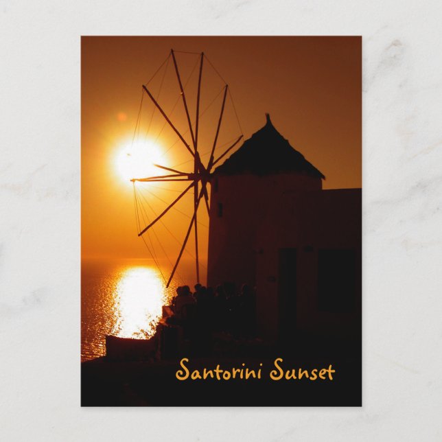 Cartão Postal Santorini Sunset com texto - Moinho de vento em Oi (Frente)