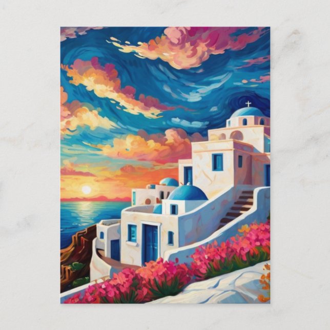Cartão Postal Santorini Sunset, Grécia - Flores Rosa Quente Greg (Frente)