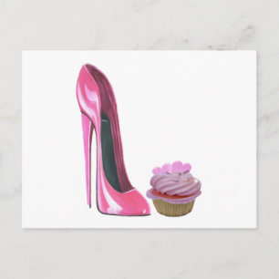 Cartão Postal Sapato Stiletto Rosa e Bolo de Aniversário