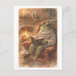 Cartão Postal Sapo ao estilo retrô lendo ao pé do fogo