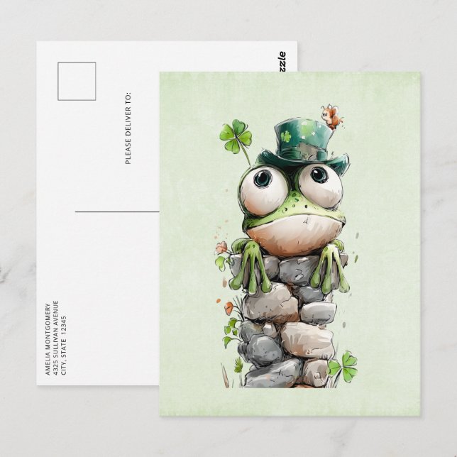 Cartão Postal Sapo com Chapéu Verde e Trevo Fofo (Frente/Verso)