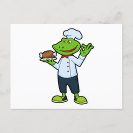 Cartão Postal Sapo como cozinheiro com prato de servir e frango