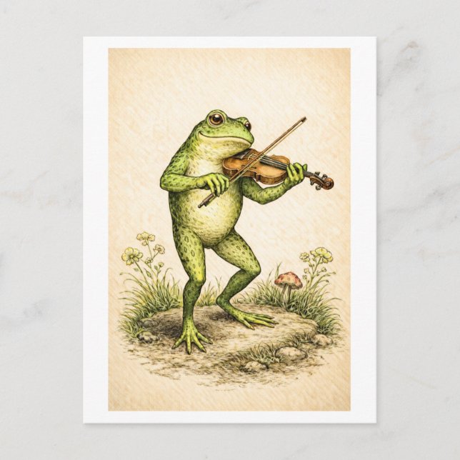Cartão Postal Sapo em estilo retrô com ilustração de violino (Frente)