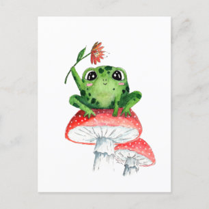 Cartão Postal Sapo Fofo em Cogumelo pintura original em aquarela