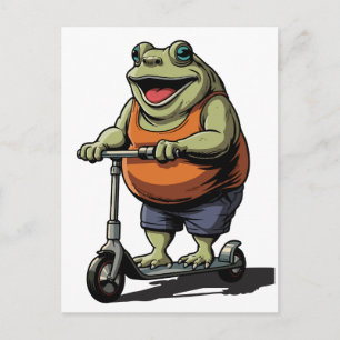 Cartão Postal Sapo Gordinho Divertido Andando de Scooter Cartoon