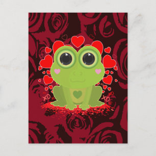 Cartão Postal Sapo Kawaii Fofo Com Corações e Rosa Vermelha Abst