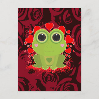 Cartão Postal Sapo Kawaii Fofo Com Corações e Rosa Vermelha Abst