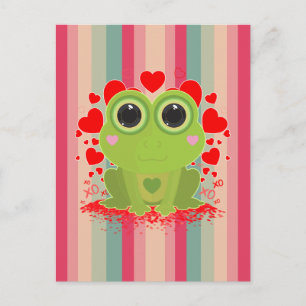 Cartão Postal Sapo Kawaii Fofo Com Corações em Listras Pastel
