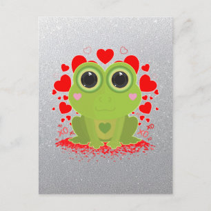Cartão Postal Sapo Kawaii Fofo Com Corações em Prata Elegante