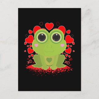 Cartão Postal Sapo Kawaii Fofo Com Corações em Preto Sólido