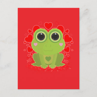 Cartão Postal Sapo Kawaii Fofo Com Corações em Vermelho Sólido