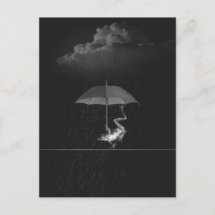 Cartão Postal Sapo preto e branco bobo com guarda-chuva na chuva