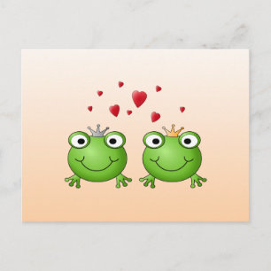 Cartão Postal Sapo Príncipe e Sapo Princesa, com corações.