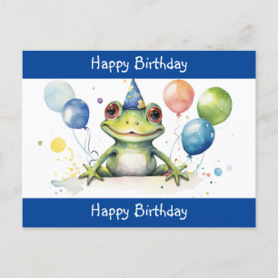 Cartão Postal Sapo verde fofo com balões Feliz Aniversário
