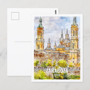 Cartão Postal Saragoça Espanha Lugar de Viagem Famoso Aquarela